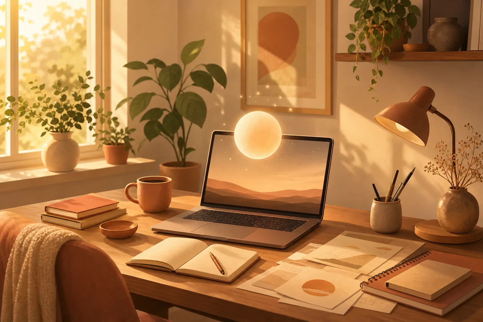 Illustrasjon: en varm arbeidspult med bærbar pc og en glødende kule som symboliserer en AI-assistent