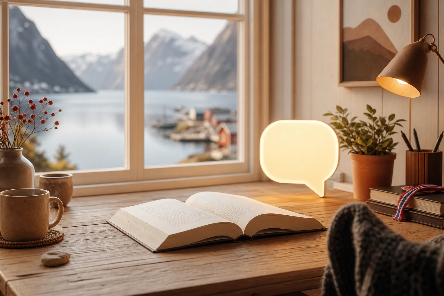 Illustrasjon av norsk språkstøtte: en åpen bok og en samtaleboble ved et vindu med norsk fjordlandskap