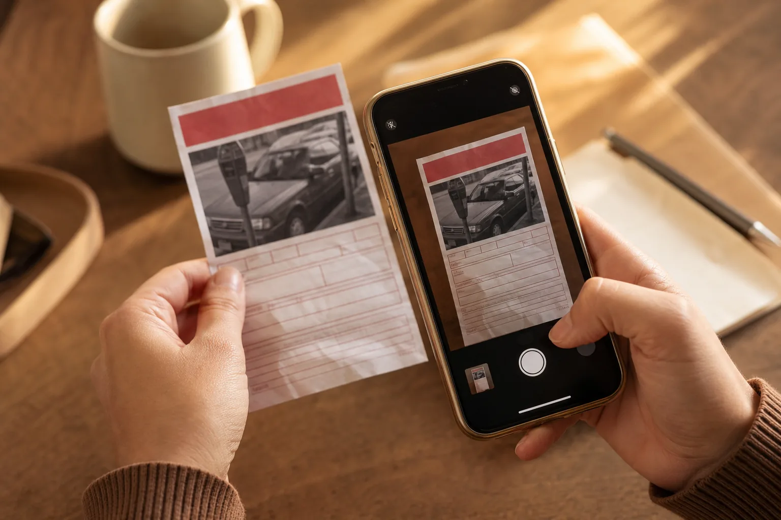 En hånd fotograferer et gammelt polaroidbilde av en bil med mobilkamera