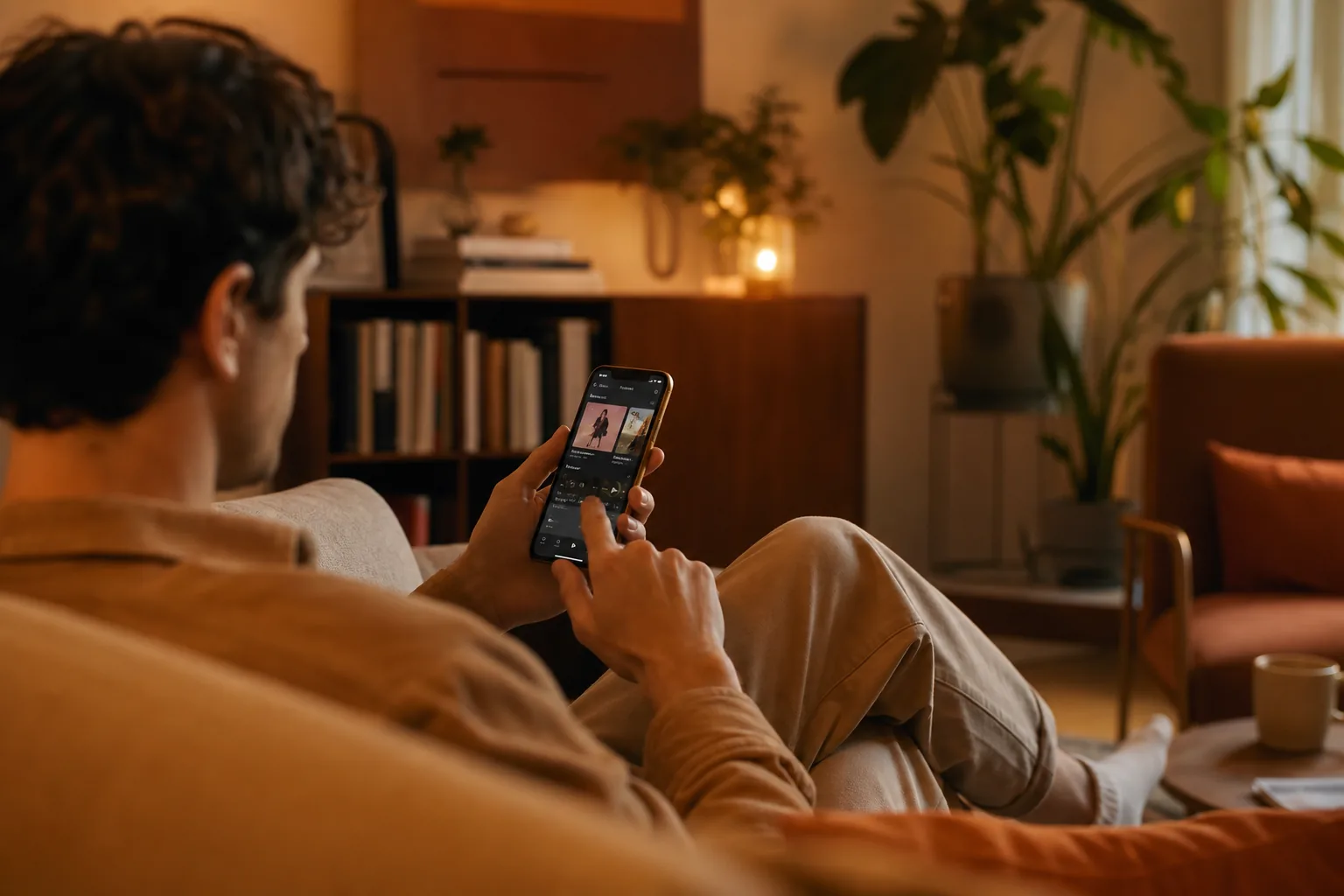 Mann sitter i sofa og bruker musikkapp på mobilen i koselig stue
