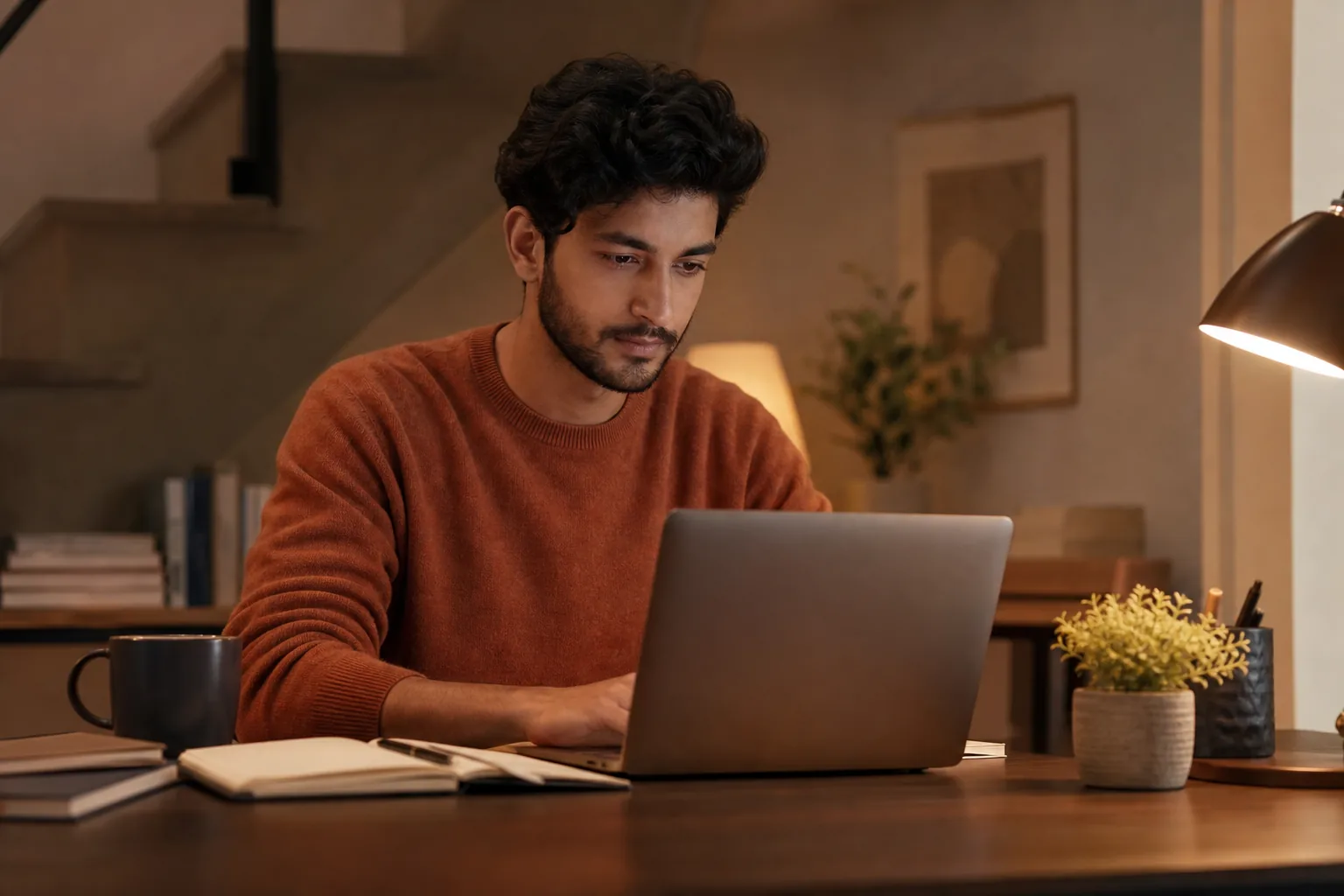 Person øver til jobbintervju ved laptop sent på kvelden, varm skrivebordslampe