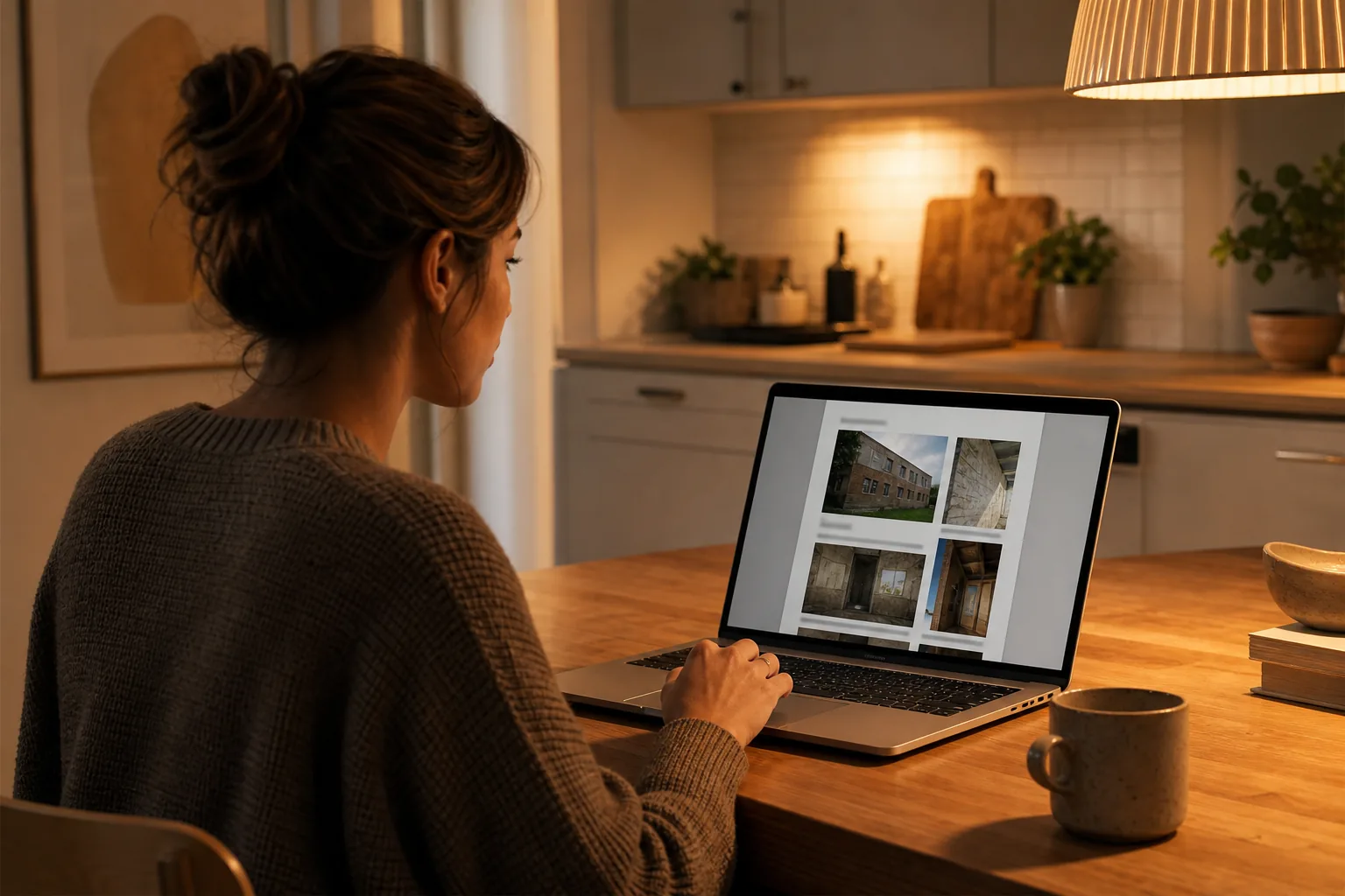 Person leser PDF-rapport på laptop ved kjøkkenbord med lampelys