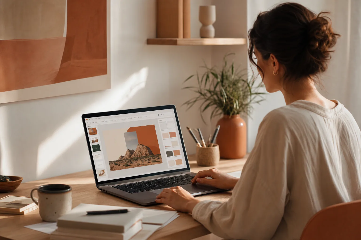 Person redigerer lysbildepresentasjon på laptop ved skrivebord, varm dagslys